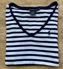 Ralph Lauren Sport Women’s Sz Small‎ V Neck Navy/White Stripe Short Sleeve Tee