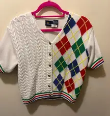 Vintage 90’s Lizsport tennis argyle short sleeve sweater cardigan size medium