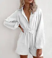 White Button Up Long Sleeve Drawstring Romper