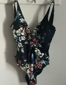 Tinibikini Woman’s Floral Deep V Laced Neckline Low Back One Piece Bathing Suit