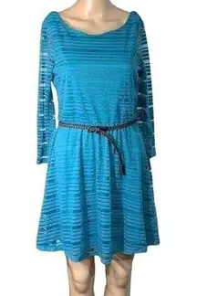 Lily Rose Womens Dress Lightweight Shadow Striped Belted Turquoise Teal Medium