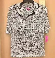 Betsey Johnson Cheetah Print Button Up Short Sleeve Pajama Top White Black Small