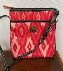 Maude  Asbury Crossbody Purse Bag Laminated Fabric Ikat Print Red Pink Black