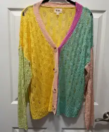 BiBi Boho Multi Colored Pink Yellow Green Cardigan Knit Oversized Size Medium