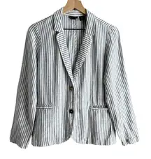 Tahari 100% Linen Striped Blazer Two-Button Front in White &‎ Blue, Small
