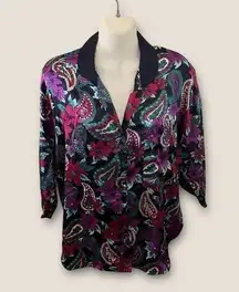Vintage 90s Tesoro Satin Paisley Blouse Jewel Tone Floral Print Button Down S