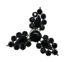 Vintage Black Rhinestone Brooch 3 Point Silver Tone Metal Pin