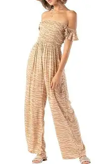 Tiare Hawaii • NWT Brown Tan Animal Stripe Smocked Jumpsuit