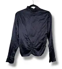 FRAME Navy Silk Ruched Mock Neck Button Front Long Sleeve Blouse Top‎