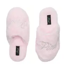 V S PINK Faux-Fur Closed-Toe Slippers - Pink Tulip Bling Logo -Size M - 27205895