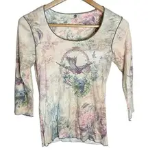 One World Y2K cream scoop neck crystal embellished bird fairy boho top size S