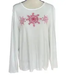 Karen Scott  X-Large Top Holiday Christmas Snowflakes Long Sleeve Stretch White