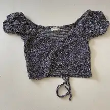 Aéropostale Blue Floral Ruched Crop Top S Puff Sleeve Drawstring Y2K Cute Blouse