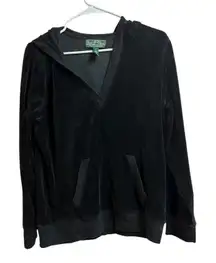 L-RL Lauren Active Ralph Lauren V-Neck Black Velour Pullover Hoodie Large