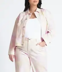 ELOQUII Button Front Boxy Denim Jacket Tie Dye Oversized Fit Pink Women Plus 14