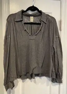 NWOT Free People Size M Gray Rush Hour Peasant Blouse Raw Hem Linen Long Sleeve