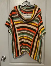 Multicolor Striped Poncho Style Tee Sweater Boho Indie Cowl Neck Cozy Wool Fall