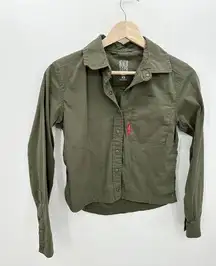 Topo Designs Button Down Shirt Women XS Olive Green Cropped Collar Cotton Nylon