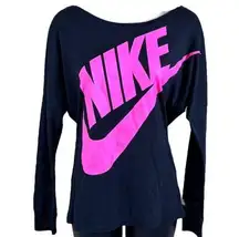 Nike  Womens Recycled Polyester Long Sleeve Black Active Shirt with Hot Pink Logo