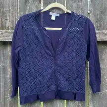 August Silk Navy Open Crochet Cropped Cardigan | L