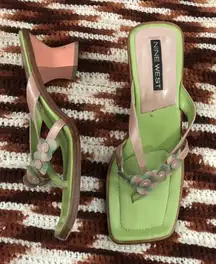 Vintage 90s Y2K Nine West Floral Flower Leather Fairy Coquette Dainty Kitten Heels Sandal Pumps Square Toe Colorblock Colorful Green Pink #cottagecore Sz 7.5M Measurements in pics