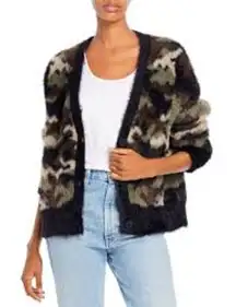 Cloth & Stone Camo Button Up Fuzzy Knit Cardigan Sweater Green Black Small