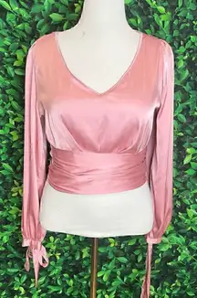 Women's Elegant V Neck Self Tie Knot Long Sleeve Satin Blouse Shirt Top Pink L
