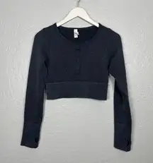 Offline Women S Gray Waffle Thermal Knit Cropped Shirt Henley Long Sleeve