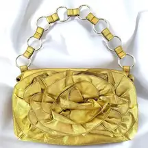 YSL Saint Laurent Rive Gauche Metallic Gilt Gold Leather Rose Baguette Bag