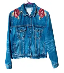AE Oversized Denim Jacket with Large Red Floral Embroidery Size M