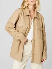 Blank NYC Faux Leather Long Sleeve Button-Front Shacket Tan Beige Small
