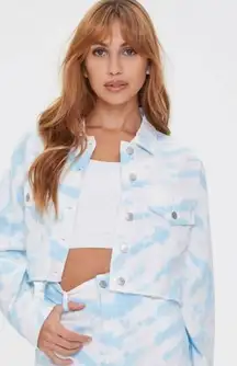 Forever 21 Womens Blue Jean All-Over Tie Dye Cloud Button Denim Jacket sz L Boho