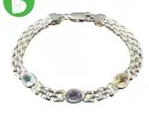 VINTAGE STERLING SILVER 925 MULTI-COLOR GEMSTONE PANTHER LINK BRACELET