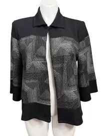 Chico’s Travelers Collection Black Silver Geometric Open Front Jacket Large
