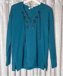 Cable & Gauge Green Grommet Lace-Up Long Sleeve Hooded Top Size Small