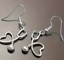 Silver Love Heart Fancy Dress Nurse Doctor Student Stethoscope Hook Earrings