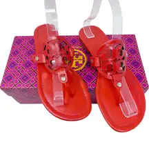 TORY BURCH Orange Red Samba Miller Logo Patent Leather Sandals Size 8.5