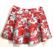 Red & Blue Floral Circle Skater Mini Skirt Lined Cotton, Sz 12