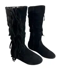 Black Suede Leather Fringe Slouch Boots Womens 6‎ Boho Western Festival Style