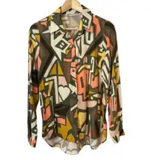 Big Dart Brown Orange Yellow Abstract Button Up Front Long Sleeve Blouse Top