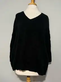 H One Black Knit Oversized Vneck Pullover Sweater Size L Comfy Cozy