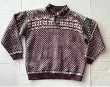 ALPS Nordic Fair Isle Knit Button Neck Sweater M Purple Snowflake Green 100%Wool