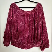 Free People  Ginger Berry Top Maroon Velvet Burnout Off Shoulder Bell Sleeve