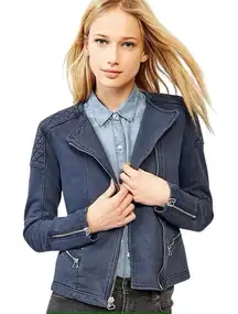 Gap‎ Womens Quilted Moto Knit Jacket M Navy Faded Zip Cuffs Collarless Bikercore