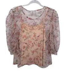 KONTROL Romantic Cottagecore Fairy Top Womens XL Pink Sheer‎ Lined Puff Sleeve