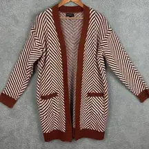 Fortune + Ivy Long Open Front Cardigan Rust Cream Chevron Knit Pattern Size L