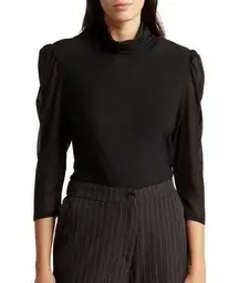 T Tahari Mesh Three Quarter Sleeve Turtleneck Blouse - Black- Medium