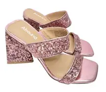 Abound Sandals Size 5 Pink Double Strap Glitter Slip On Open Square Toe Heels