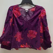 A New Day Size XL Purple and Red Bright Floral V-Neck Blouse. Preloved