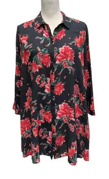 Zara Woman Blue Orange Floral Button Up Blouse‎ Size M Collared Flowy Semi Sheer